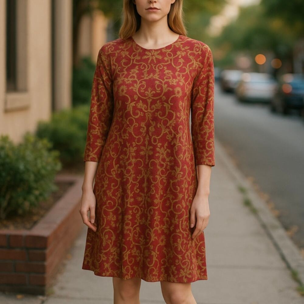 J. McLaughlin Red Devon Scroll Kaya 3/4 Sleeve Crew Neck Printed Swing Dress